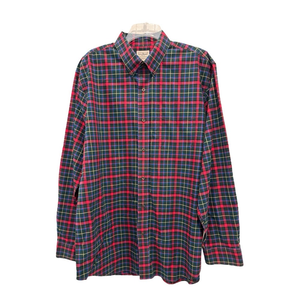 LL Bean Shirt Men Large Red Navy Green Plaid Traditional Fit Cotton Long Sleeve